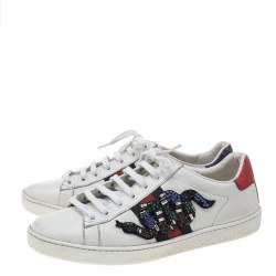 Gucci White Leather Ace Snake Embellished Low Top Sneakers Size 37.5
