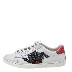 Gucci White Leather Ace Snake Embellished Low Top Sneakers Size 37.5
