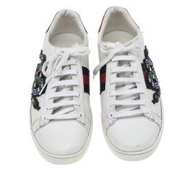 Gucci White Leather Ace Snake Embellished Low Top Sneakers Size 37.5