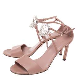 Pre Owned Gucci Dusty Pink Leather Crystal Embellished Interlocking G Sandals Size 37.5