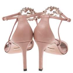 Pre Owned Gucci Dusty Pink Leather Crystal Embellished Interlocking G Sandals Size 37.5