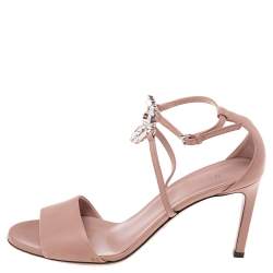 Pre Owned Gucci Dusty Pink Leather Crystal Embellished Interlocking G Sandals Size 37.5