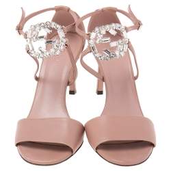 Pre Owned Gucci Dusty Pink Leather Crystal Embellished Interlocking G Sandals Size 37.5