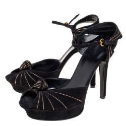 Gucci Black/Gold Suede Kelly Knot Ankle-Strap Platform Sandals Size 40
