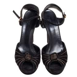 Gucci Black/Gold Suede Kelly Knot Ankle-Strap Platform Sandals Size 40