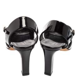 مملوكة مسبقًا Gucci Black Patent Leather Bamboo Bow Peep-Toe Ankle-Strap Sandals Size 37.5 