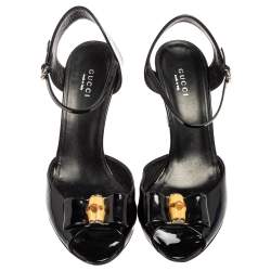 مملوكة مسبقًا Gucci Black Patent Leather Bamboo Bow Peep-Toe Ankle-Strap Sandals Size 37.5 