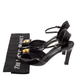 مملوكة مسبقًا Gucci Black Patent Leather Bamboo Bow Peep-Toe Ankle-Strap Sandals Size 37.5 