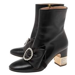 Pre Owned Gucci Black Leather Bow Ankle Boots Size 37