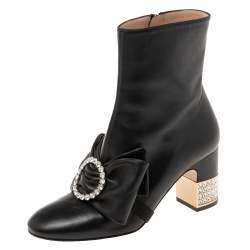 Pre Owned Gucci Black Leather Bow Ankle Boots Size 37