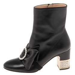 Pre Owned Gucci Black Leather Bow Ankle Boots Size 37