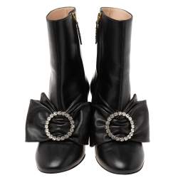 Pre Owned Gucci Black Leather Bow Ankle Boots Size 37