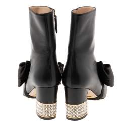 Pre Owned Gucci Black Leather Bow Ankle Boots Size 37