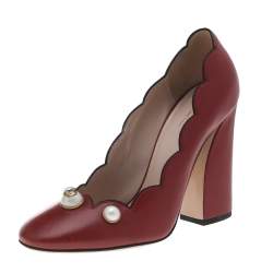مملوكة مسبقًا Gucci Red Leather Willow Faux Pearl Embellished Block Heel Pumps Size 38