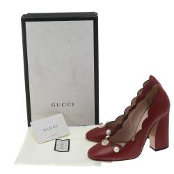 مملوكة مسبقًا Gucci Red Leather Willow Faux Pearl Embellished Block Heel Pumps Size 38