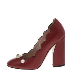 مملوكة مسبقًا Gucci Red Leather Willow Faux Pearl Embellished Block Heel Pumps Size 38