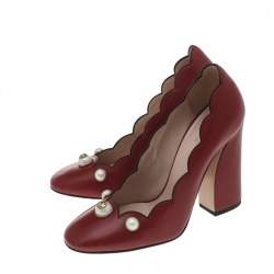 مملوكة مسبقًا Gucci Red Leather Willow Faux Pearl Embellished Block Heel Pumps Size 38
