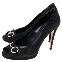Pre Owned Gucci Black Microguccissima Suede Horsebit Peep-Toe Pumps Size 40.5