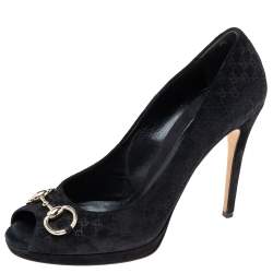Pre Owned Gucci Black Microguccissima Suede Horsebit Peep-Toe Pumps Size 40.5