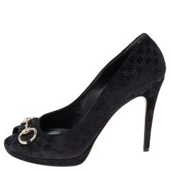 Pre Owned Gucci Black Microguccissima Suede Horsebit Peep-Toe Pumps Size 40.5