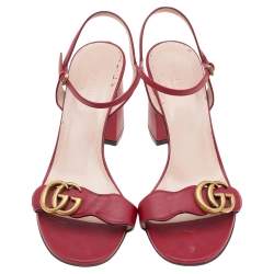 مملوكة مسبقًا Gucci Red Leather GG Block Heel Ankle Strap Sandals Size 39