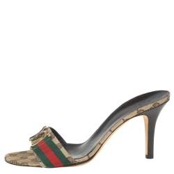 Pre Owned Gucci Beige Canvas Guccissima Web Detail Hysteria Slides Size 40