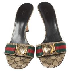 Pre Owned Gucci Beige Canvas Guccissima Web Detail Hysteria Slides Size 40