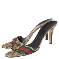 Pre Owned Gucci Beige Canvas Guccissima Web Detail Hysteria Slides Size 40