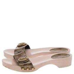 Gucci Brown GG Crystal Canvas Hysteria Wooden Slide Sandals Size 36