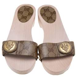 Gucci Brown GG Crystal Canvas Hysteria Wooden Slide Sandals Size 36