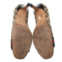 Pre Owned Gucci Beige GG Canvas Horsebit Round Toe Pumps Size 37.5
