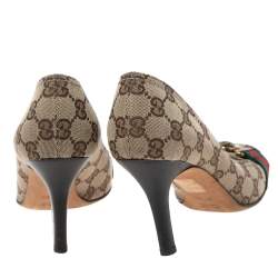 Pre Owned Gucci Beige GG Canvas Horsebit Round Toe Pumps Size 37.5