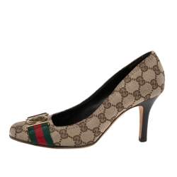 Pre Owned Gucci Beige GG Canvas Horsebit Round Toe Pumps Size 37.5