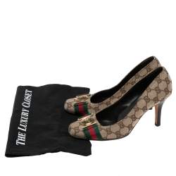 Pre Owned Gucci Beige GG Canvas Horsebit Round Toe Pumps Size 37.5