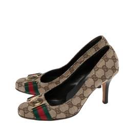Pre Owned Gucci Beige GG Canvas Horsebit Round Toe Pumps Size 37.5