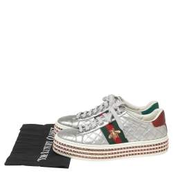 Gucci Silver Quilted Leather Bee Web Ace Crystal Embellished Platform Sneakers Size 36.5
