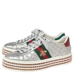 Gucci Silver Quilted Leather Bee Web Ace Crystal Embellished Platform Sneakers Size 36.5