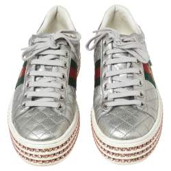 Gucci Silver Quilted Leather Bee Web Ace Crystal Embellished Platform Sneakers Size 36.5