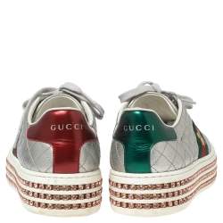 Gucci Silver Quilted Leather Bee Web Ace Crystal Embellished Platform Sneakers Size 36.5