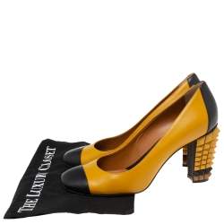 Pre Owned Fendi Yellow/Black Leather Cap-Toe Studded Block Heel Pumps Size 41