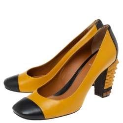 Pre Owned Fendi Yellow/Black Leather Cap-Toe Studded Block Heel Pumps Size 41