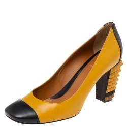 Pre Owned Fendi Yellow/Black Leather Cap-Toe Studded Block Heel Pumps Size 41