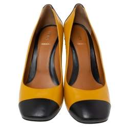 Pre Owned Fendi Yellow/Black Leather Cap-Toe Studded Block Heel Pumps Size 41
