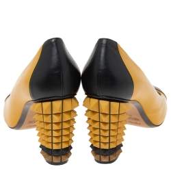 Pre Owned Fendi Yellow/Black Leather Cap-Toe Studded Block Heel Pumps Size 41