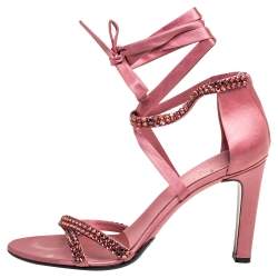 Gucci Pink Satin Crystal Embellished Ankle Wrap Sandals Size 38.5