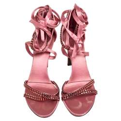 Gucci Pink Satin Crystal Embellished Ankle Wrap Sandals Size 38.5
