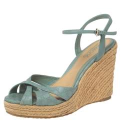 مملوكة مسبقًا Gucci Blue Leather Platform Ankle Strap Wedge Espadrille Sandals Size 38