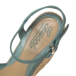مملوكة مسبقًا Gucci Blue Leather Platform Ankle Strap Wedge Espadrille Sandals Size 38