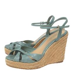 مملوكة مسبقًا Gucci Blue Leather Platform Ankle Strap Wedge Espadrille Sandals Size 38