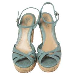 مملوكة مسبقًا Gucci Blue Leather Platform Ankle Strap Wedge Espadrille Sandals Size 38